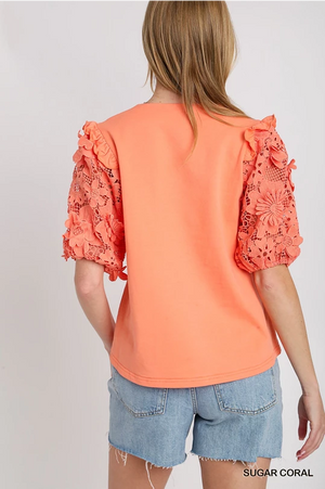 Bright Coral Top with Crochet Floral Sleeves