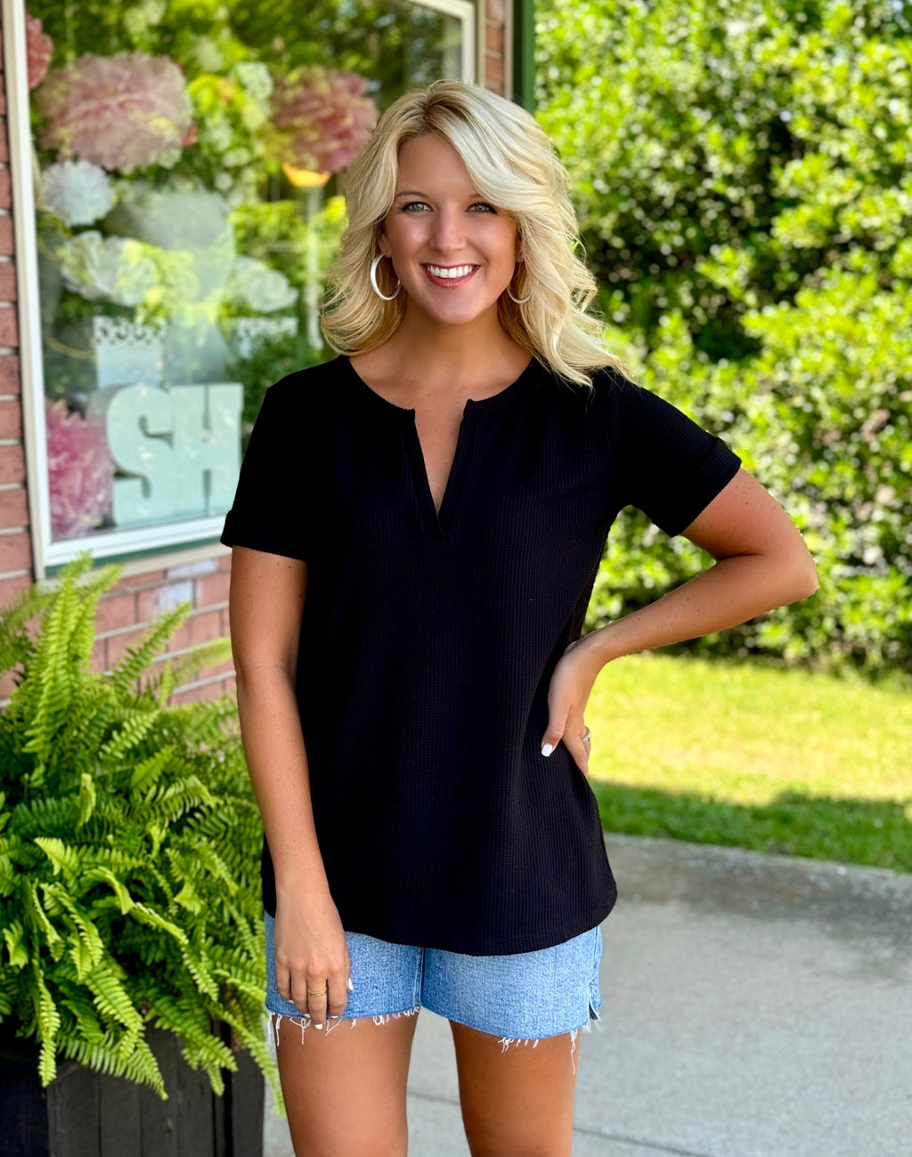 Black Waffle Vneck Top with Cuff Sleeve