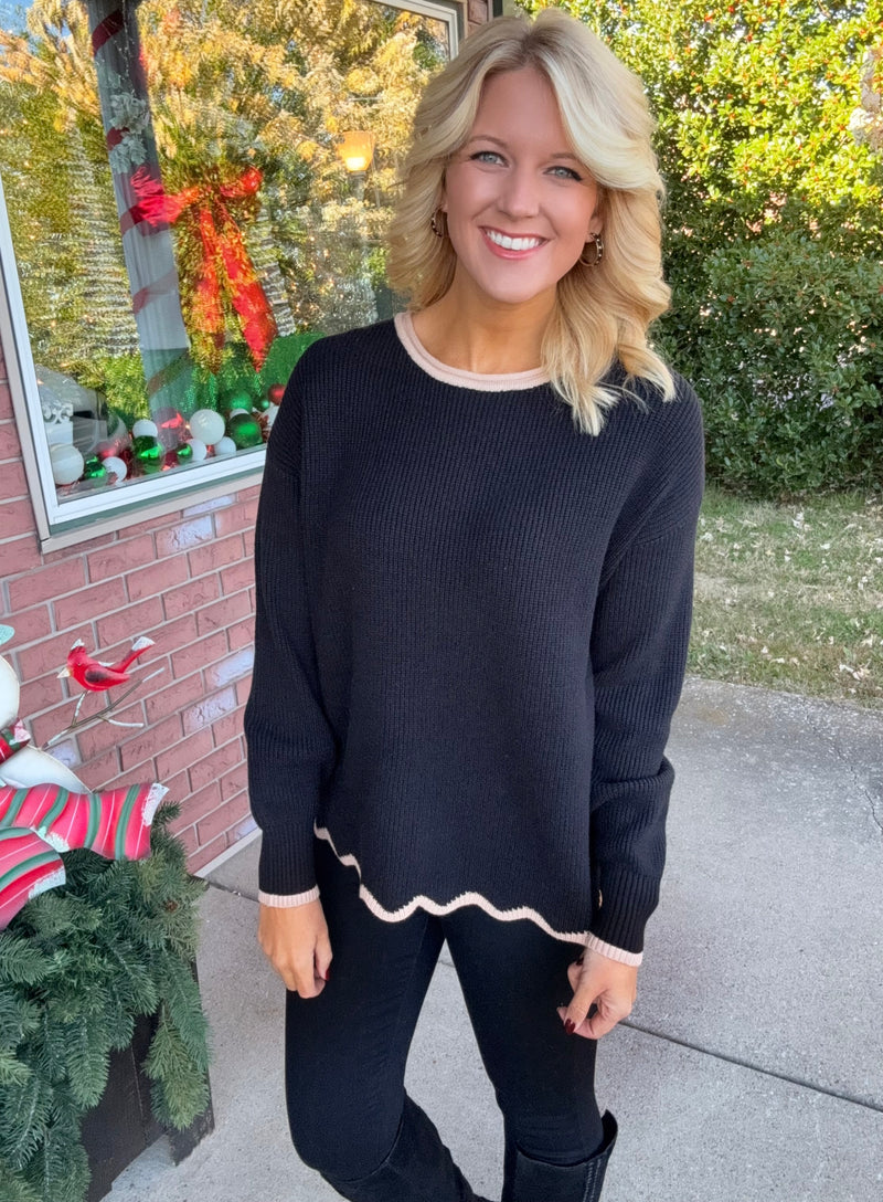 Black Sweater with Contrast Scallop Detail