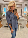 Navy Stripe Half Zip Top with Contrast Neckline