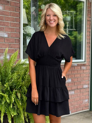 Black Waist Smocking Tiered Dress