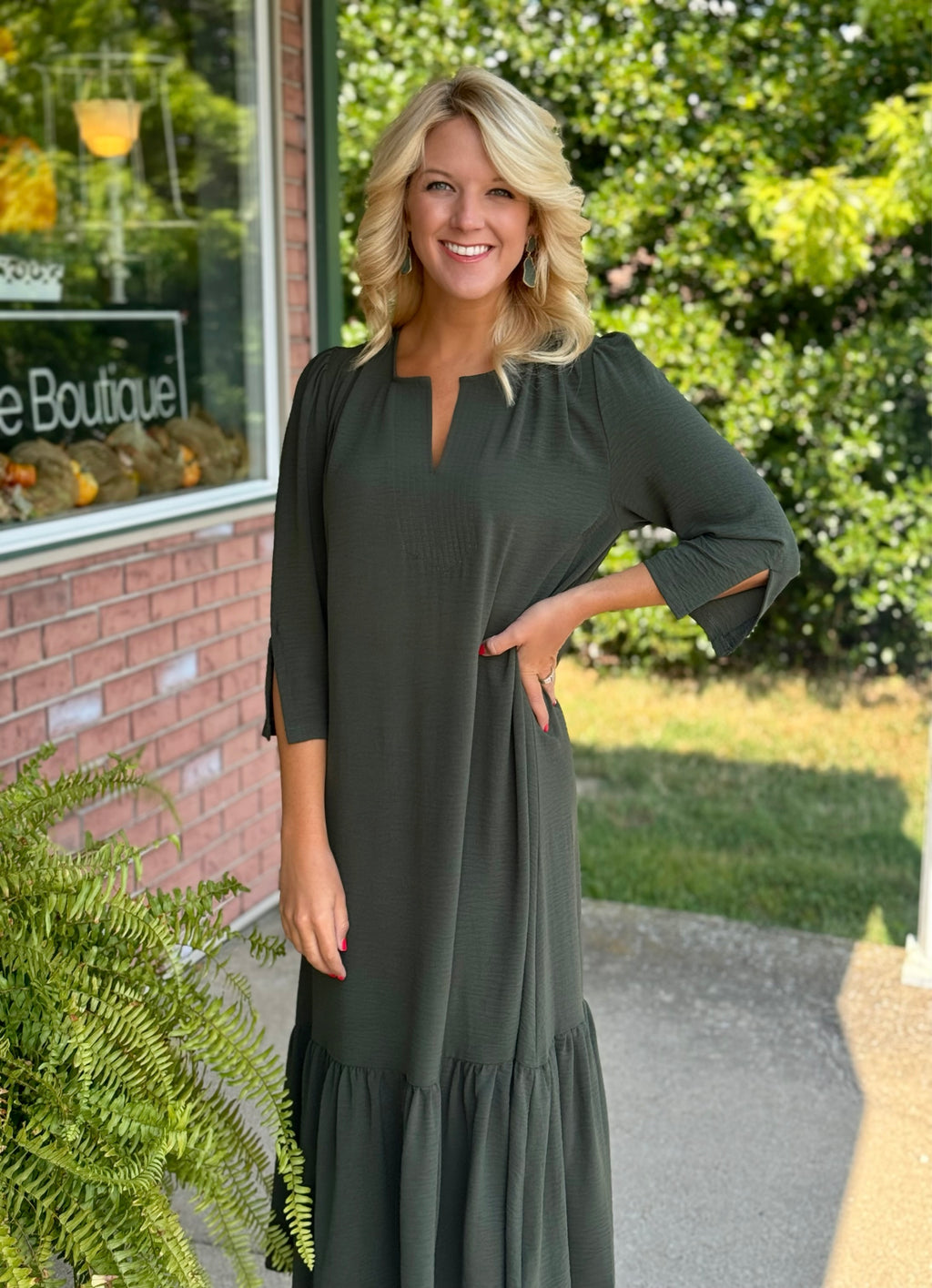 Olive Midi Dress with Ruffle Bottom
