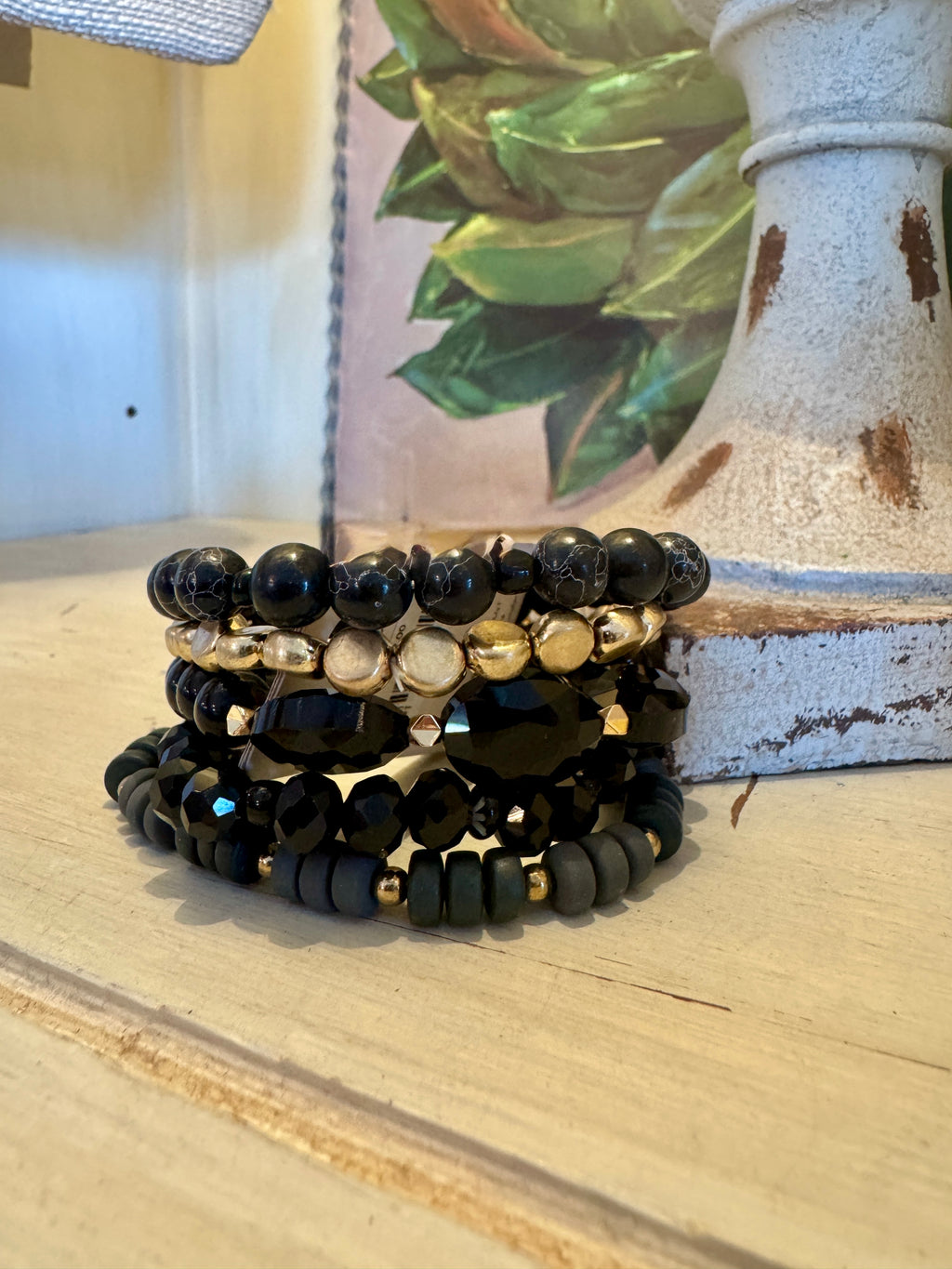 Black & Gold Beaded Bracelet Set