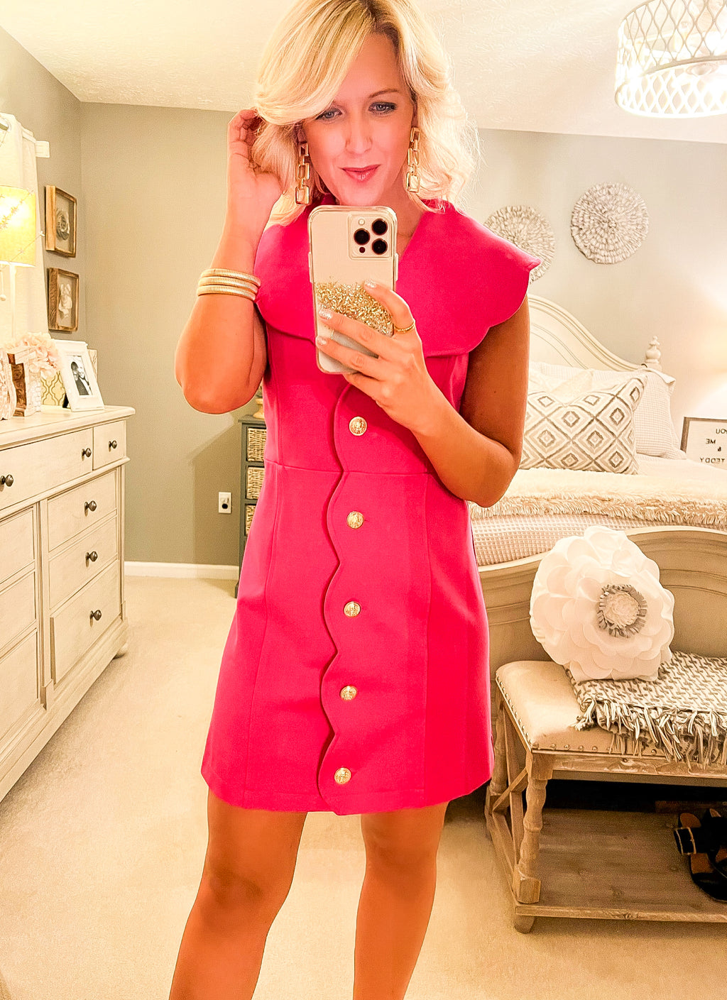 Hot Pink Collared Mini Dress with Gold Button Details
