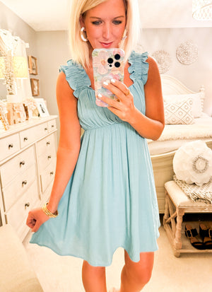 Light Teal Ruched Sleeve Mini Dress