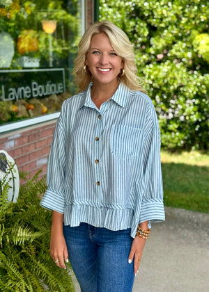 Dusty Blue Ruffle Button Up Shirt