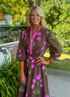 Brown Flower Printed Midi Dress with Ruffle Neckline