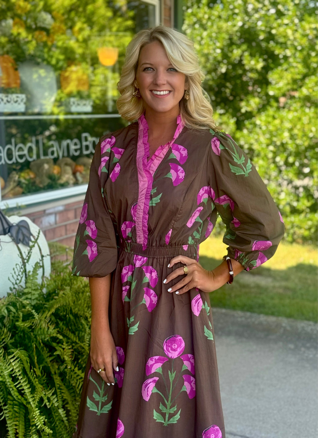 Brown Flower Printed Midi Dress with Ruffle Neckline