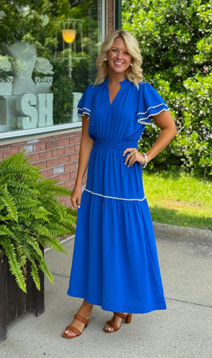 Royal Blue Smocked Waist Flutter Sleeve Midi Dress **FINAL SALE**