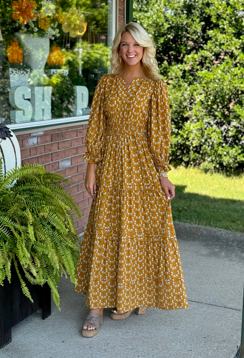 Mustard Printed Midi Dress