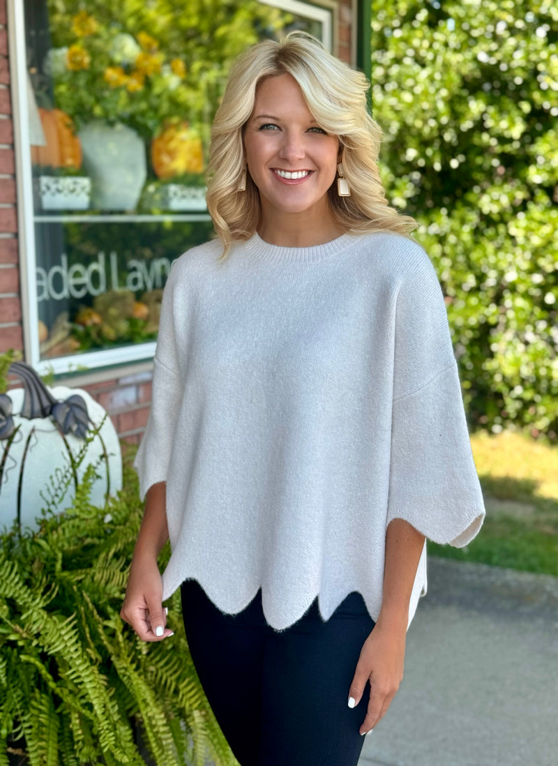 Off White Sweater with Scallop Hem & Sleeve Detail