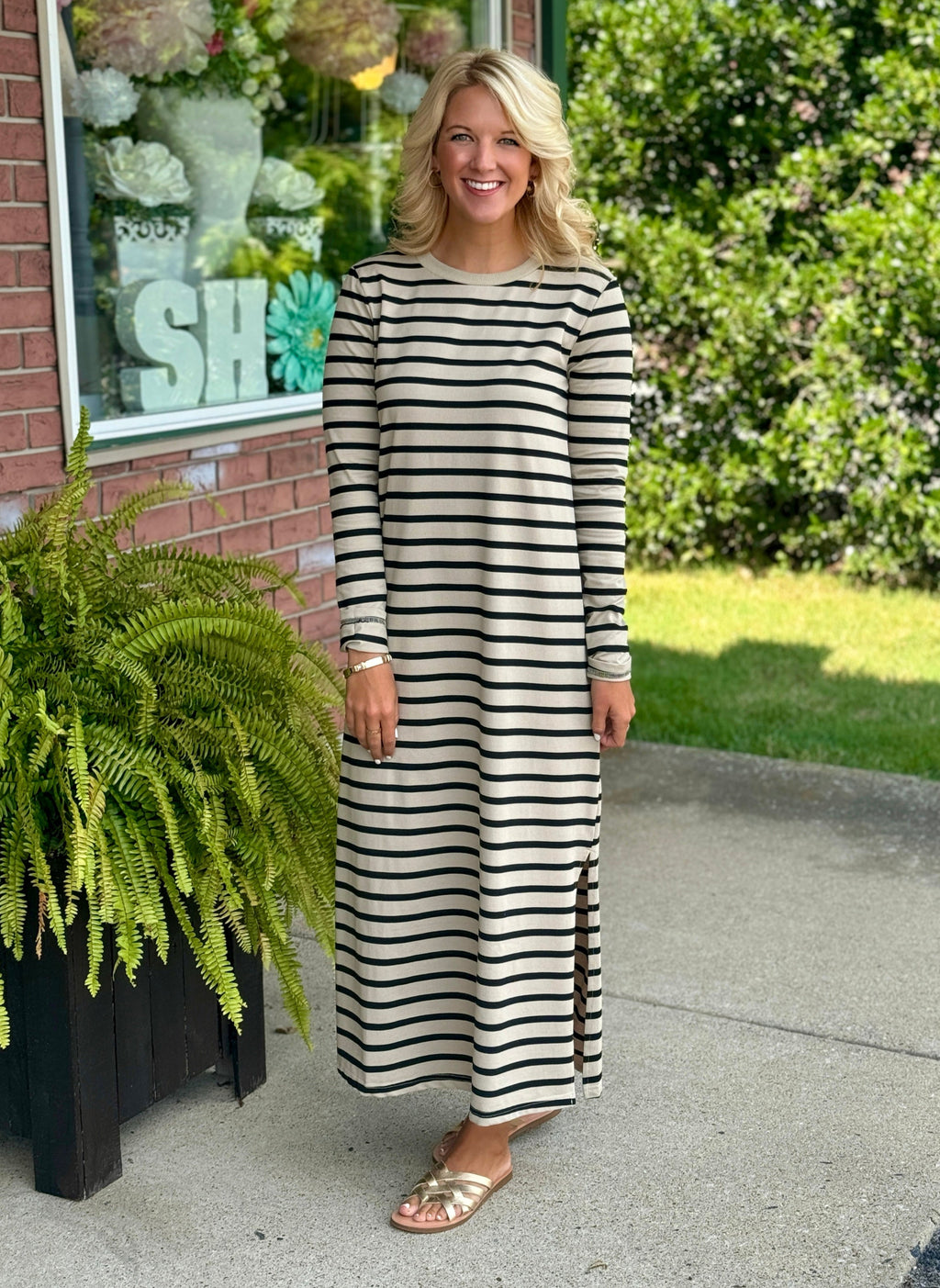 Striped Midi Dress with Side Slits