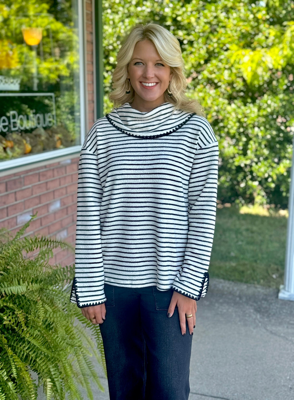 Stripe Ribbed Sweater with Blanket Stitch Detail