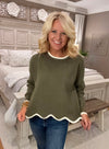 Olive Sweater with Scallop & Contrast Details
