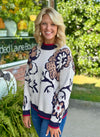 Floral Print Sweater with Contrast Neck & Hemline