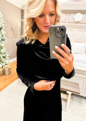 Black Drape Neck Velvet Dress