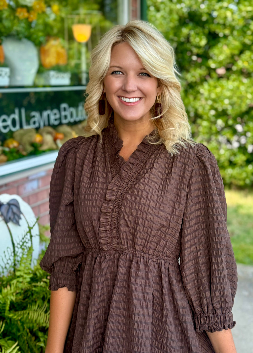 Brown Ruffle Trim Textured Dress