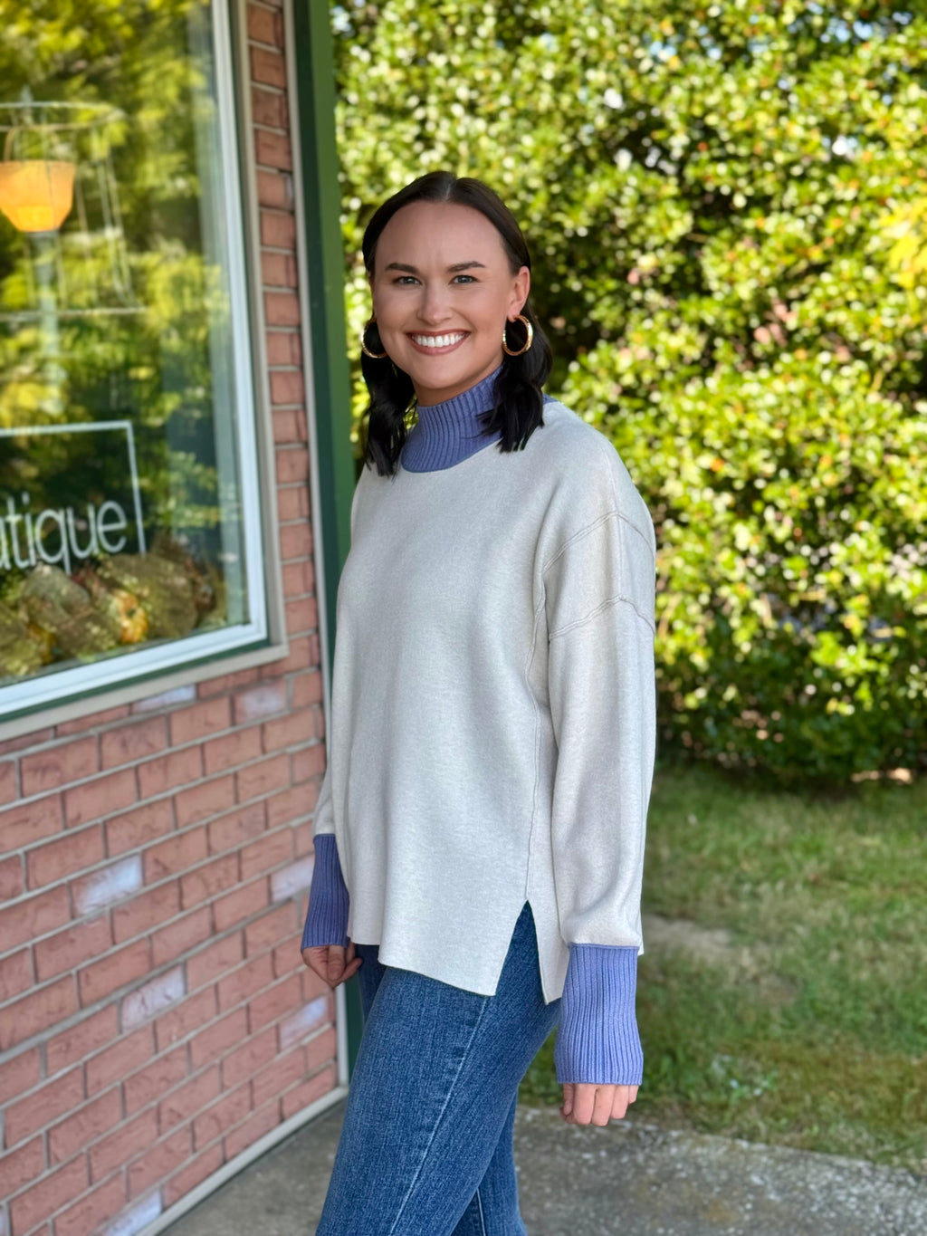 Cream Split Hem Sweater with Blue Ribbed Details