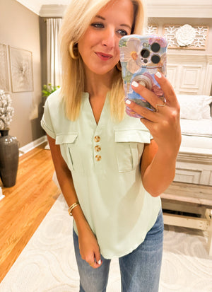 Light Sage Cuffed Short Sleeve Top with Pocket and Button Details