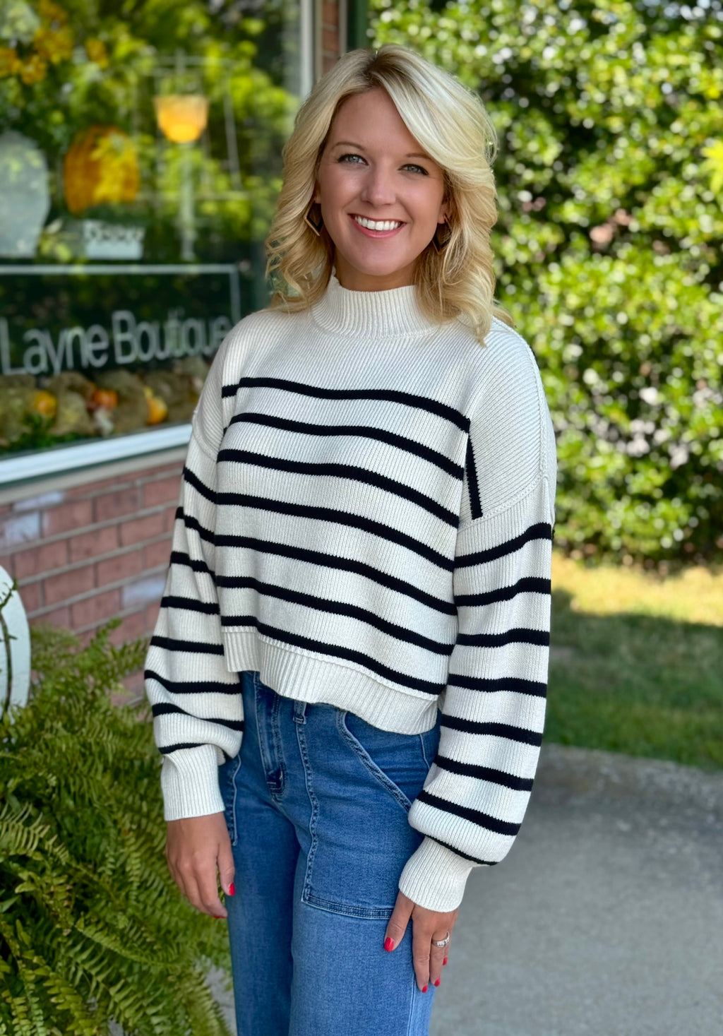 Off White & Black Stripe Mock Neck Sweater