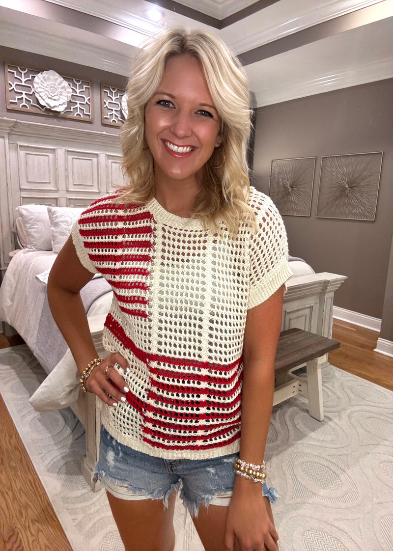 Red Multi Stripe Crochet Knit Top