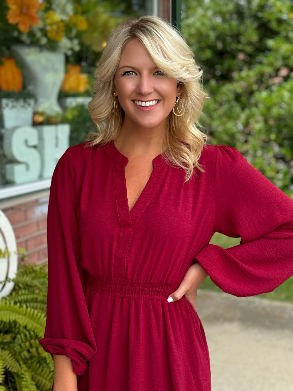 Burgundy Woven Dress with Cinched Waist