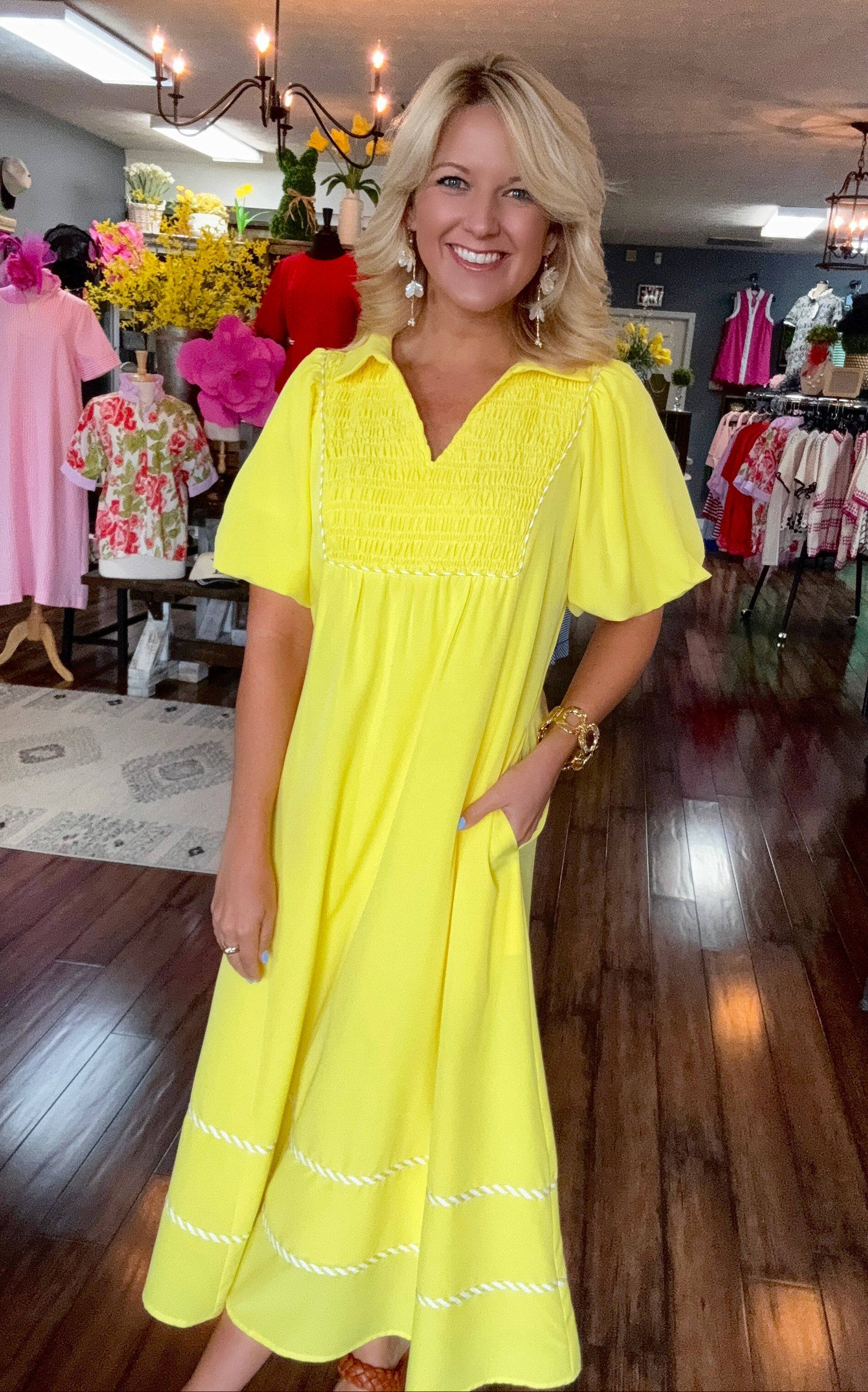 bright yellow midi dress Trendy Yellow Bow Satin Midi Dress | Women's Dress