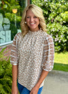 Taupe Cheetah Top with Lace Detail Puff Sleeve