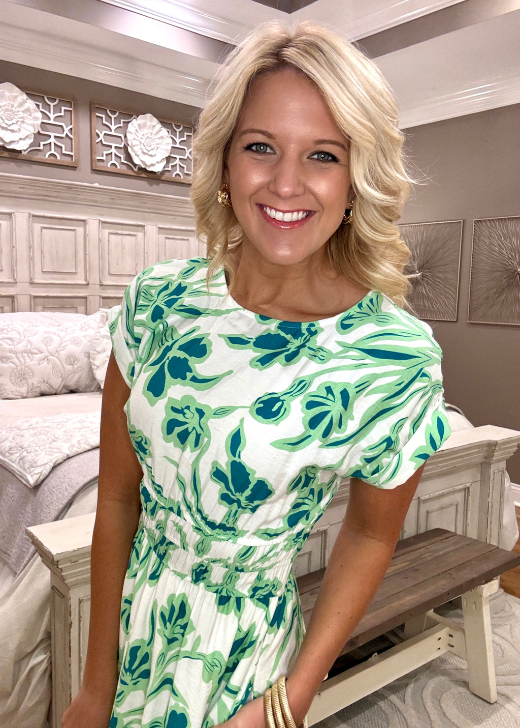 Green Drop Shoulder Floral Midi Dress