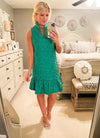 Kelly Green Floral Textured Dress with Ruffle Detail