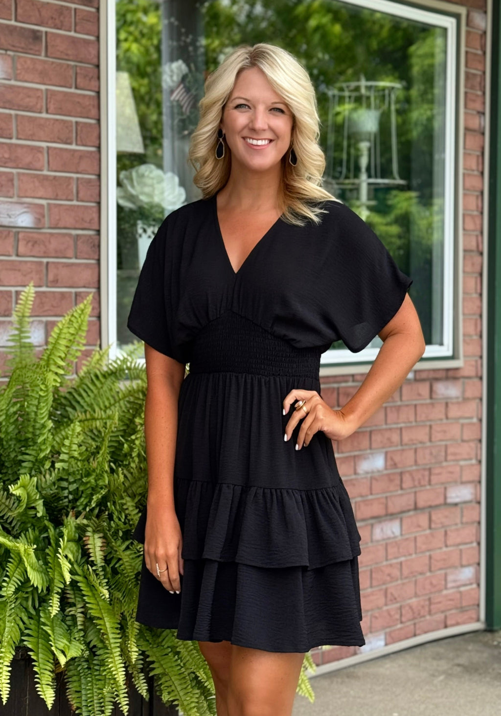Black Waist Smocking Tiered Dress