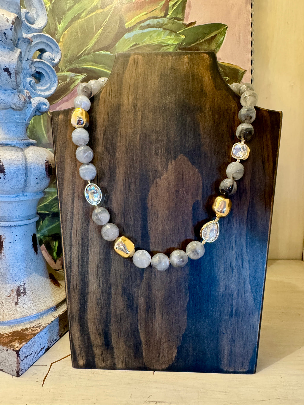 Grey Stone & Rhinestone Beaded Necklace