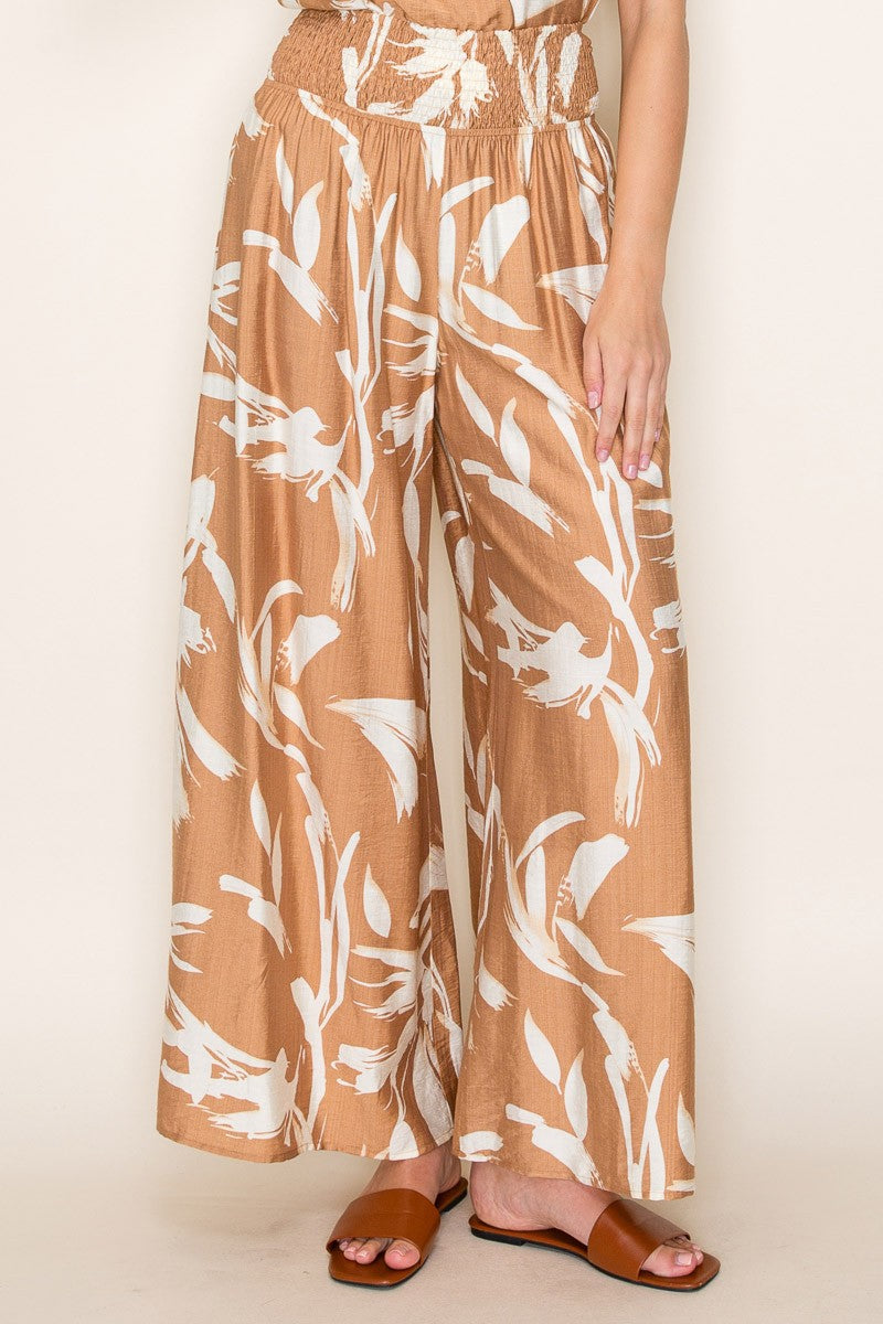 Floral Wide Leg Pant with Smocked Waist