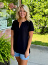 Black Waffle Vneck Top with Cuff Sleeve