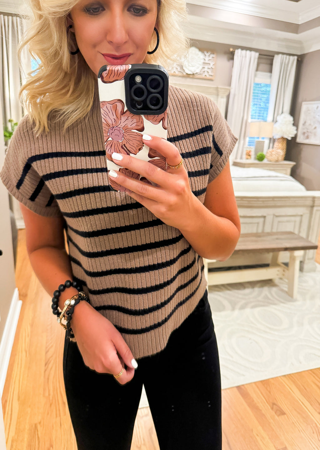 Stripe Funnel Neck Short Sleeve Sweater