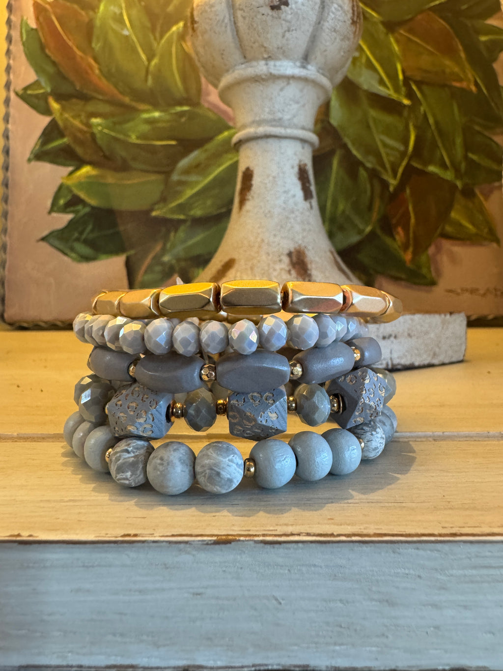 Grey & Gold Beaded Bracelet Set with Cheetah Bead Detail