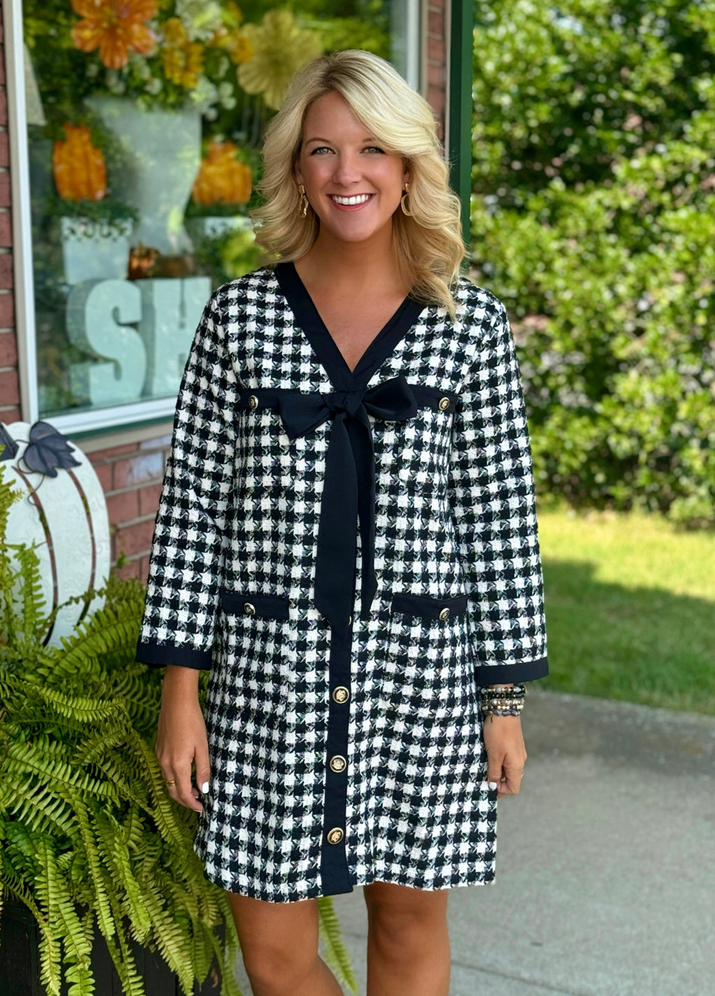 Houndstooth Bow Dress with Gold Button Details