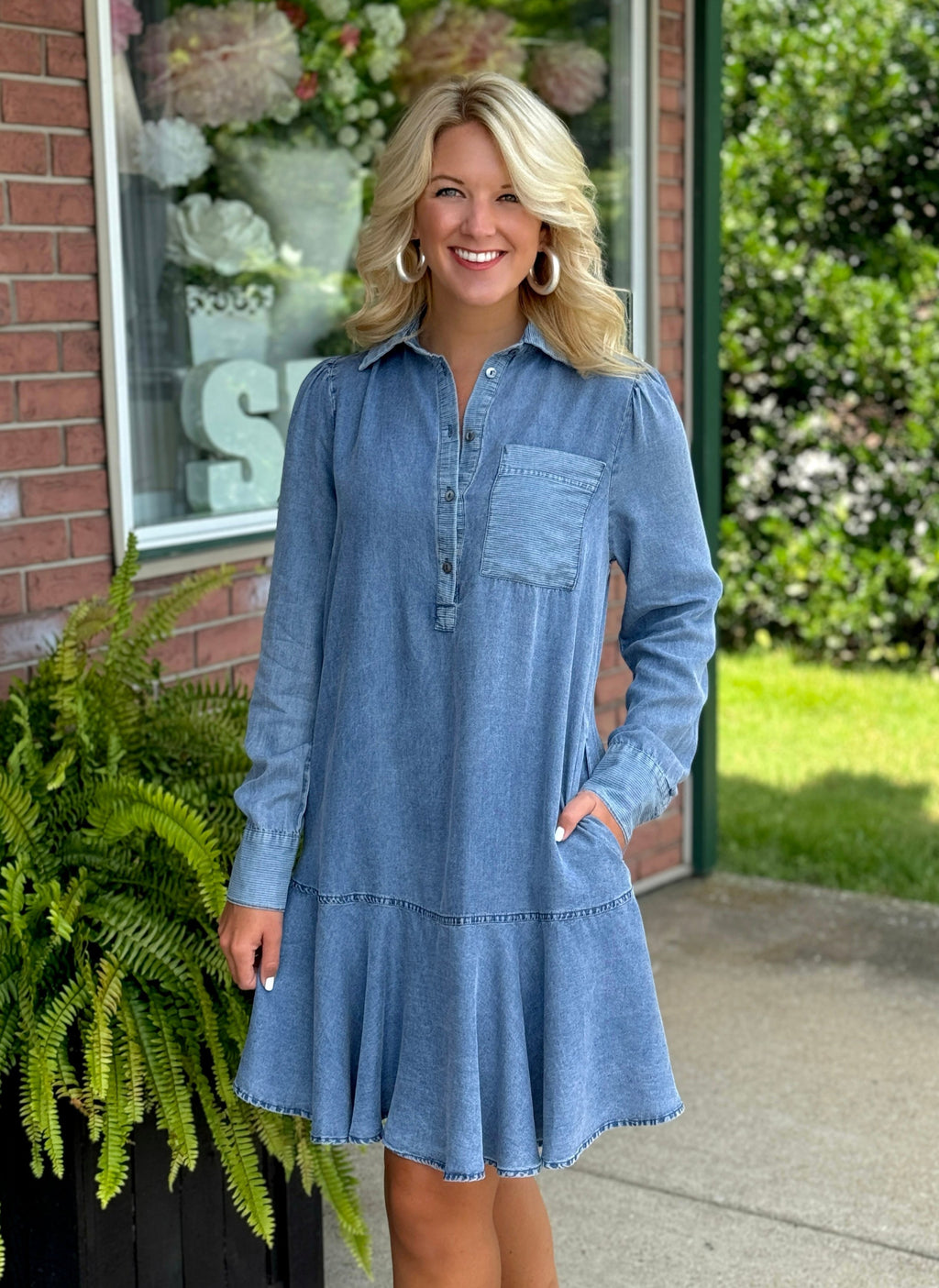 Chambray Ruffle Dress with Stripe Details