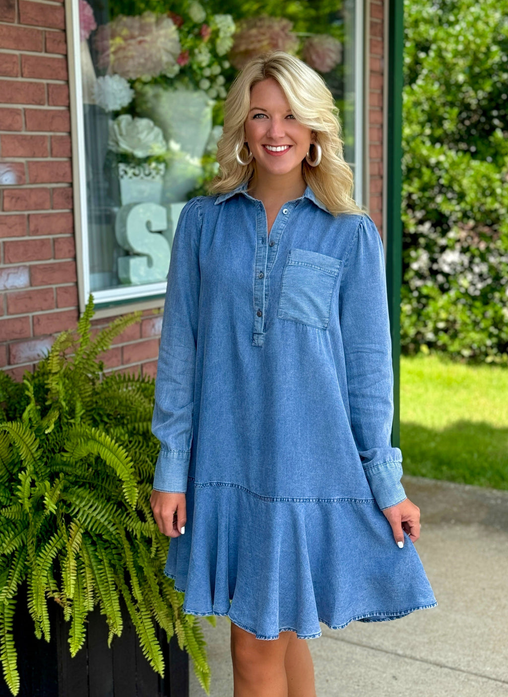 Chambray Ruffle Dress with Stripe Details