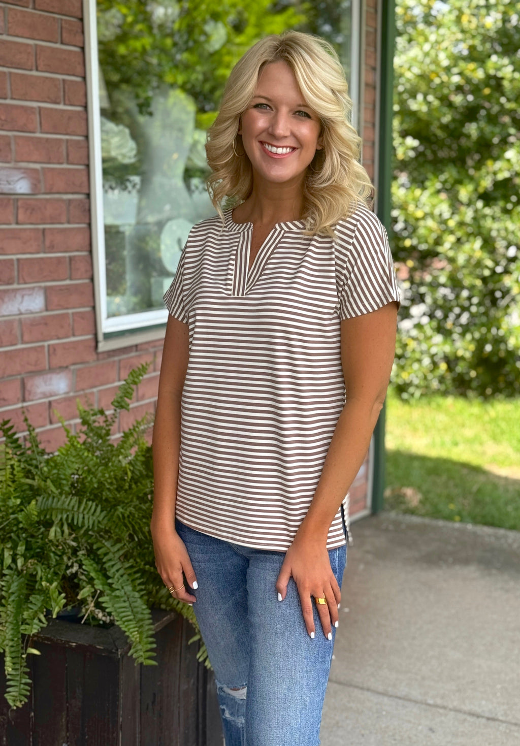 Brown & White Stripe Vneck Tee
