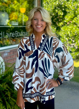 Brown & Black Mix Printed Top with Neckline Details