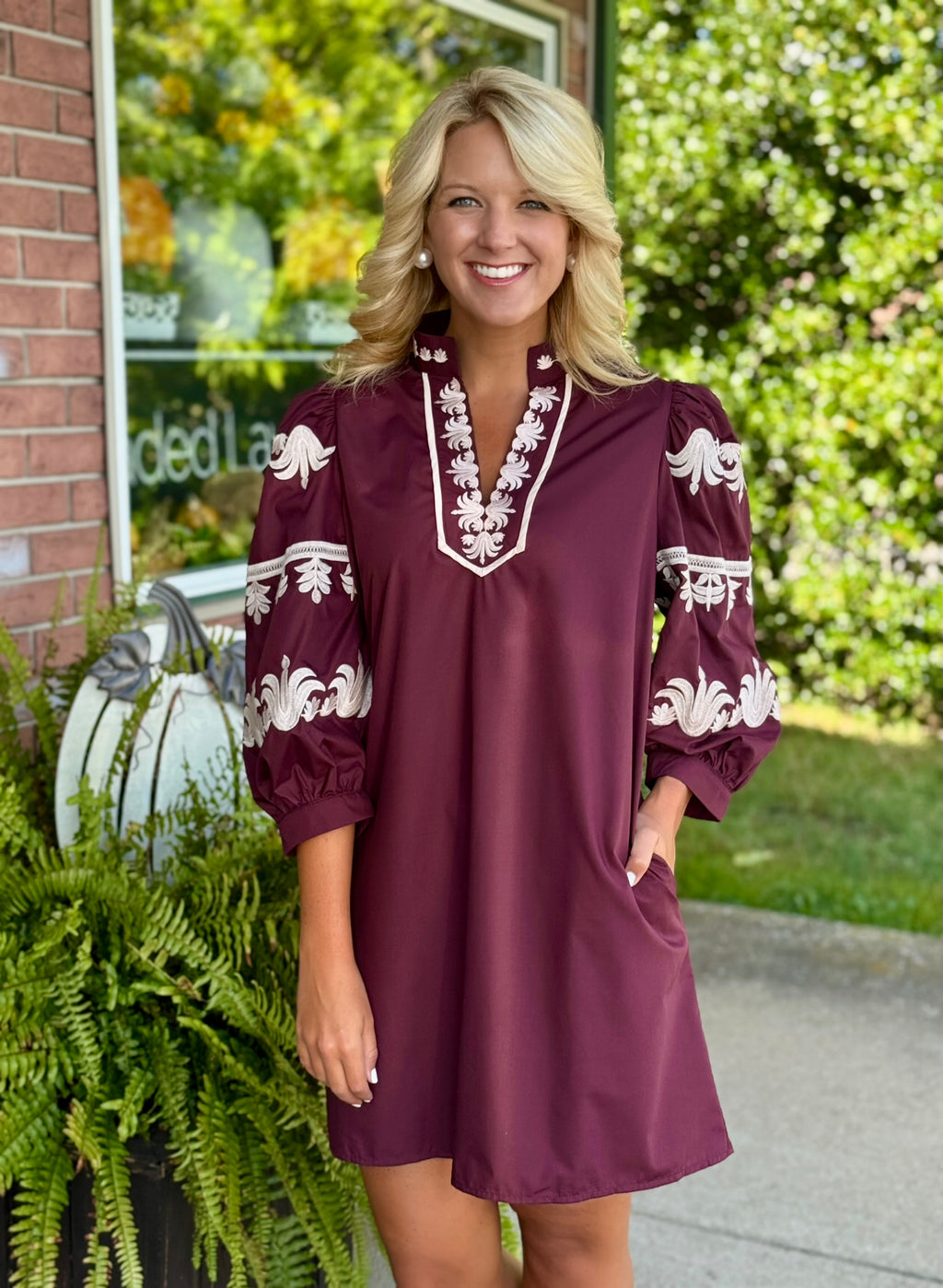 Puff Sleeve Mini Dress with Embroidered Details