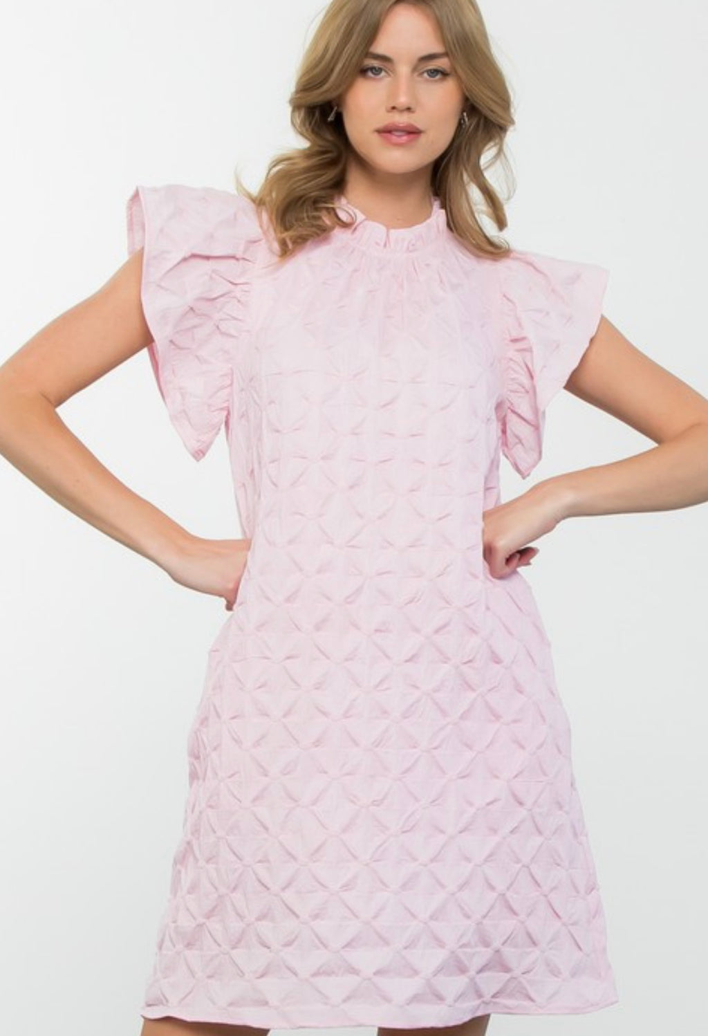 Baby Pink Textured Dress with Ruffle Sleeves