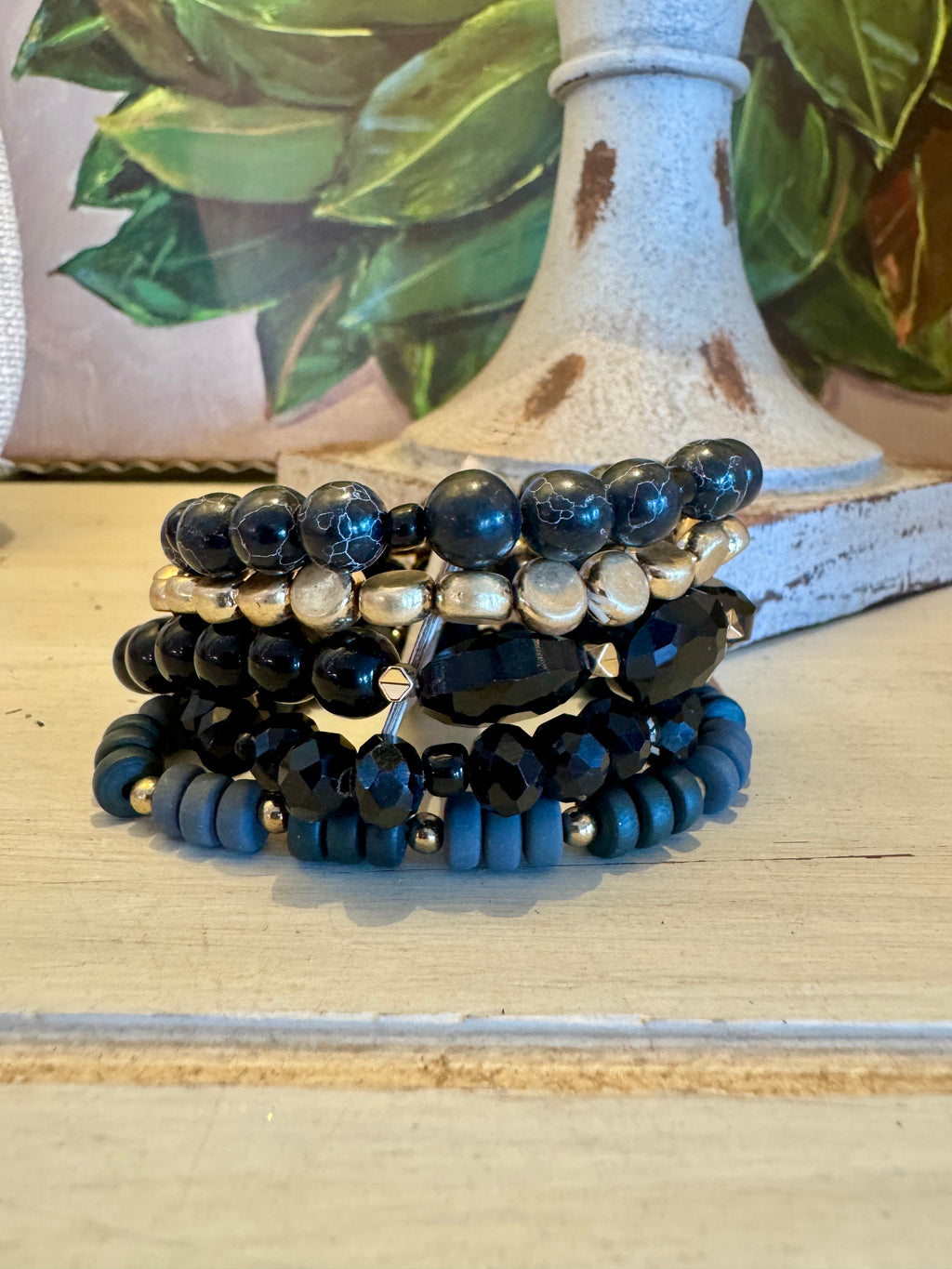 Black & Gold Beaded Bracelet Set