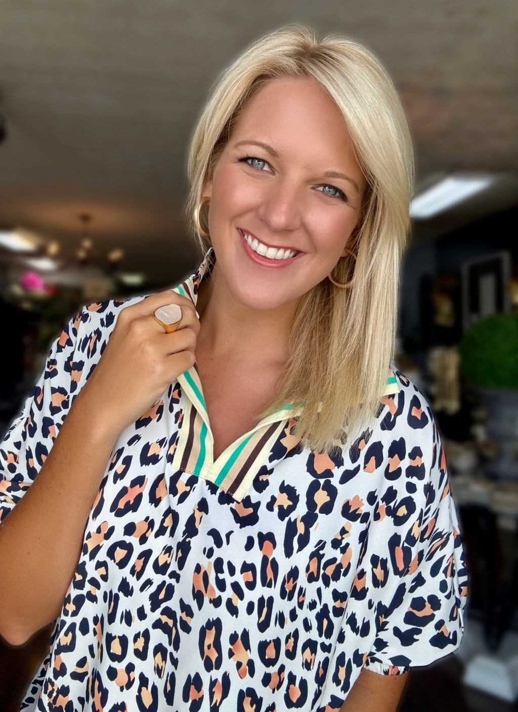 Leopard Top with Color Block Contrast Neckline