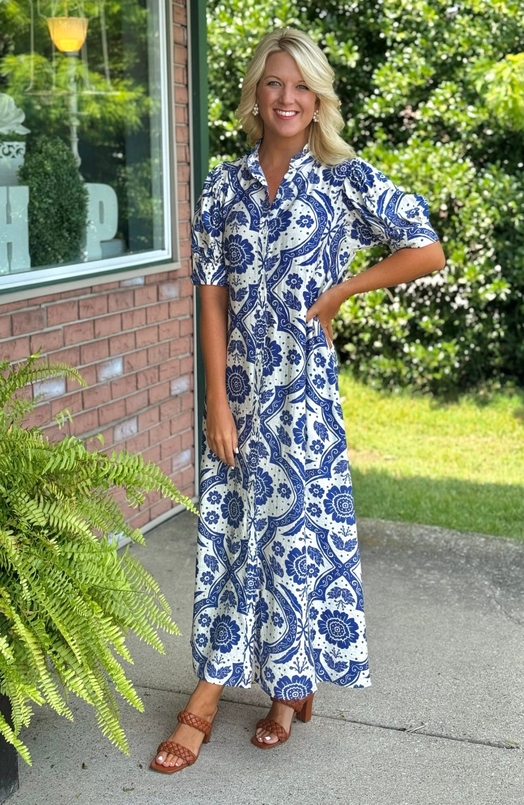 Blue Floral Puff Sleeve Button Down Midi Dress with Ruffle Neckline