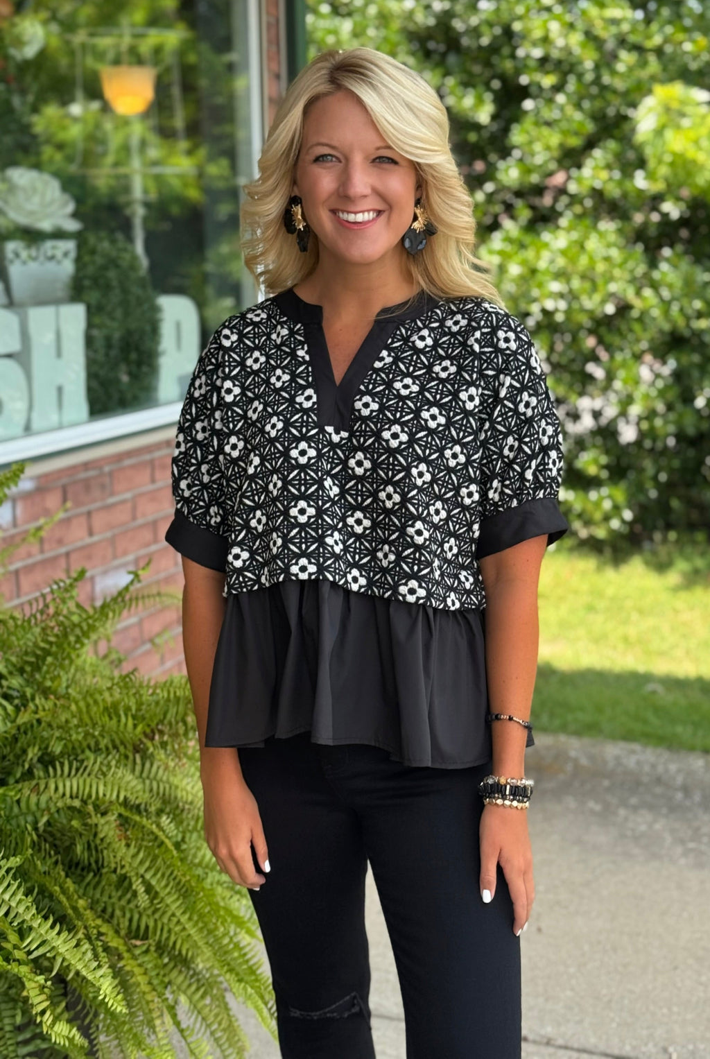 Floral Jacquard Top with Ruffle Contrast Detail
