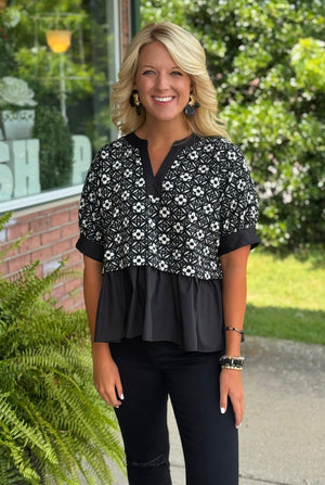 Floral Jacquard Top with Ruffle Contrast Detail