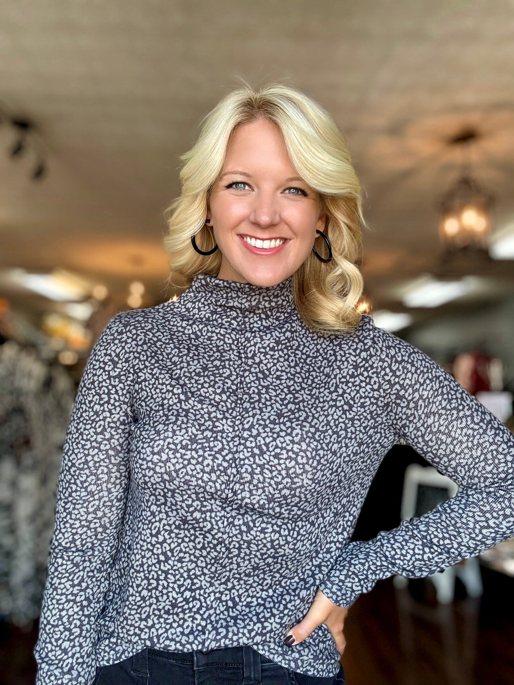 Grey Cheetah Mock Neck Top with Front Seam Detail