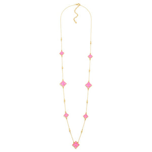 Chain Link Necklace Featuring Hot Pink Metal Backed Marbled Resin Clover Stations